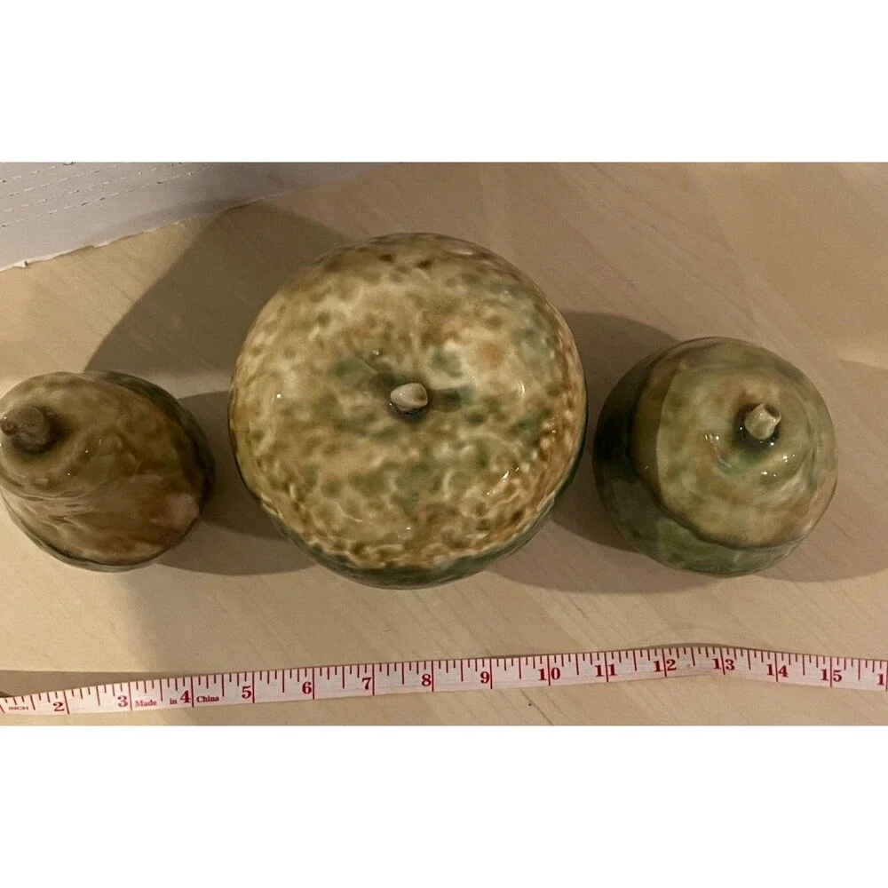 3 Ceramic Pear apple Fruit Figurine Set Lime Green Apple Minimal Art Deco glass